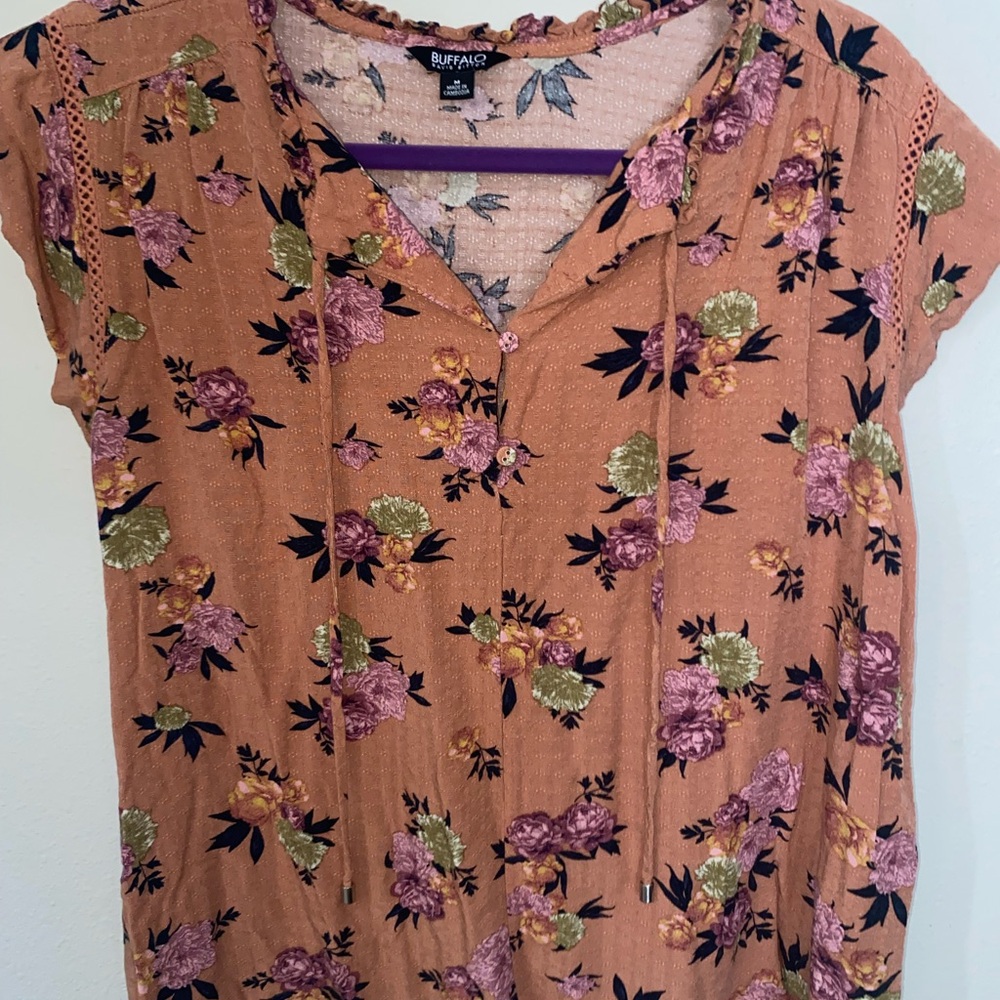 Buffalo Floral Women's Top - Pink and Green Medium